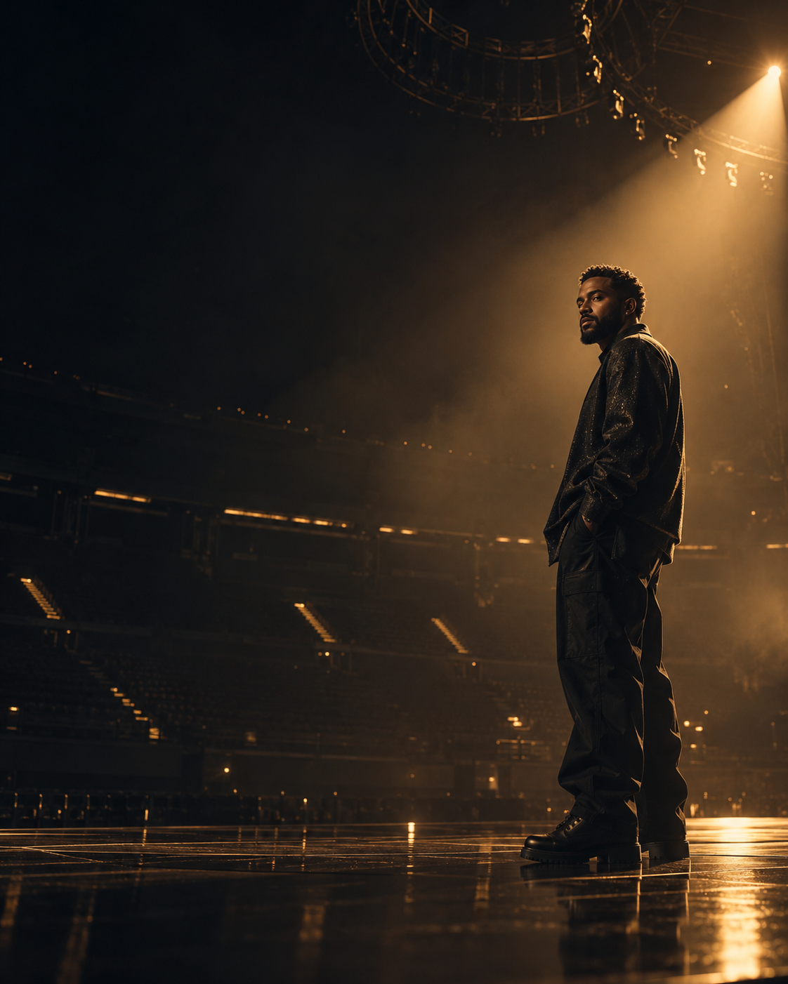 A fictional rap artist standing alone on an arena stage