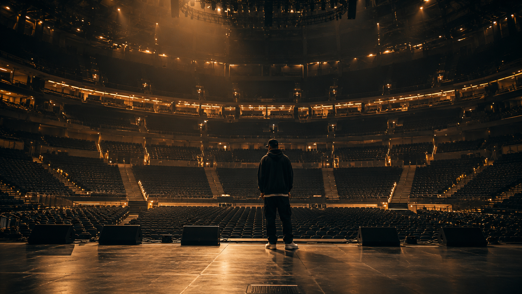 A performer facing an empty arena during soundcheck